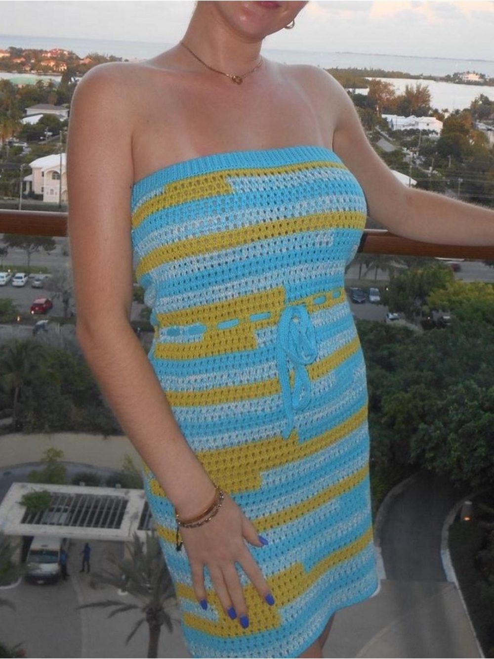 Lovers + Friends Strapless Crochet Dress in Light Blue and Greenish-Yellow